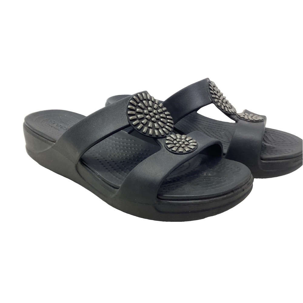 CROCS Monterey Diamante Black Wedge Slide Sandal Women's Size 8